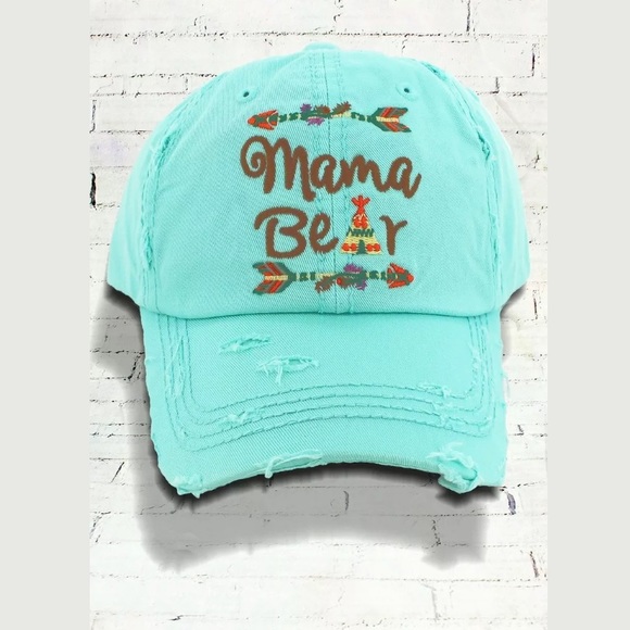 Accessories - MAMA BEAR & Arrow Turquoise Distressed Ball Cap